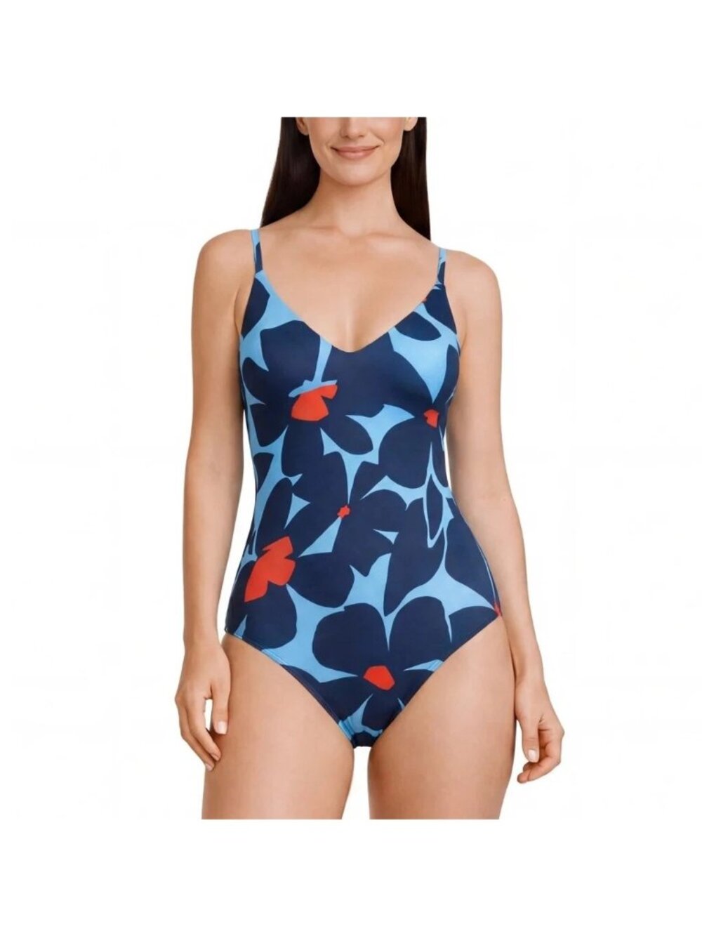 Floral V-Neck Cross Back One-Piece Swimsuit Small LOFT Swim Blue & Red UPF 50+